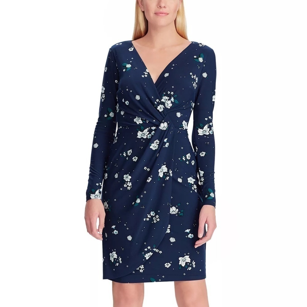 Chaps Womens Navy Blue Floral Long Sleeve Jersey Faux Wrap Sheath Dress Sz S New